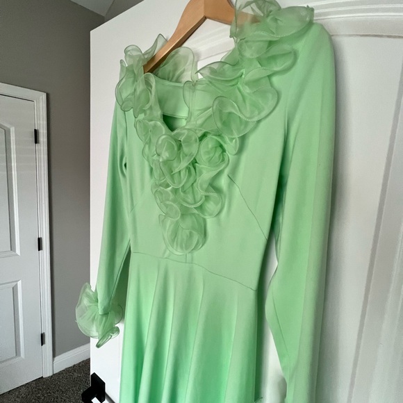 Vintage mint green dramatic chiffon ruffle maxi dress evening cocktail - Picture 6 of 8